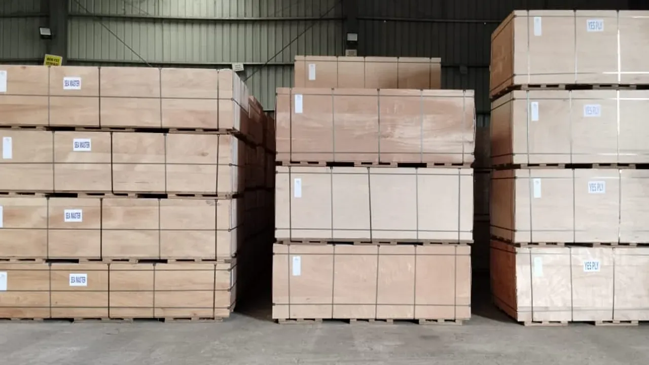 Strapped and crated plywood ready for export
