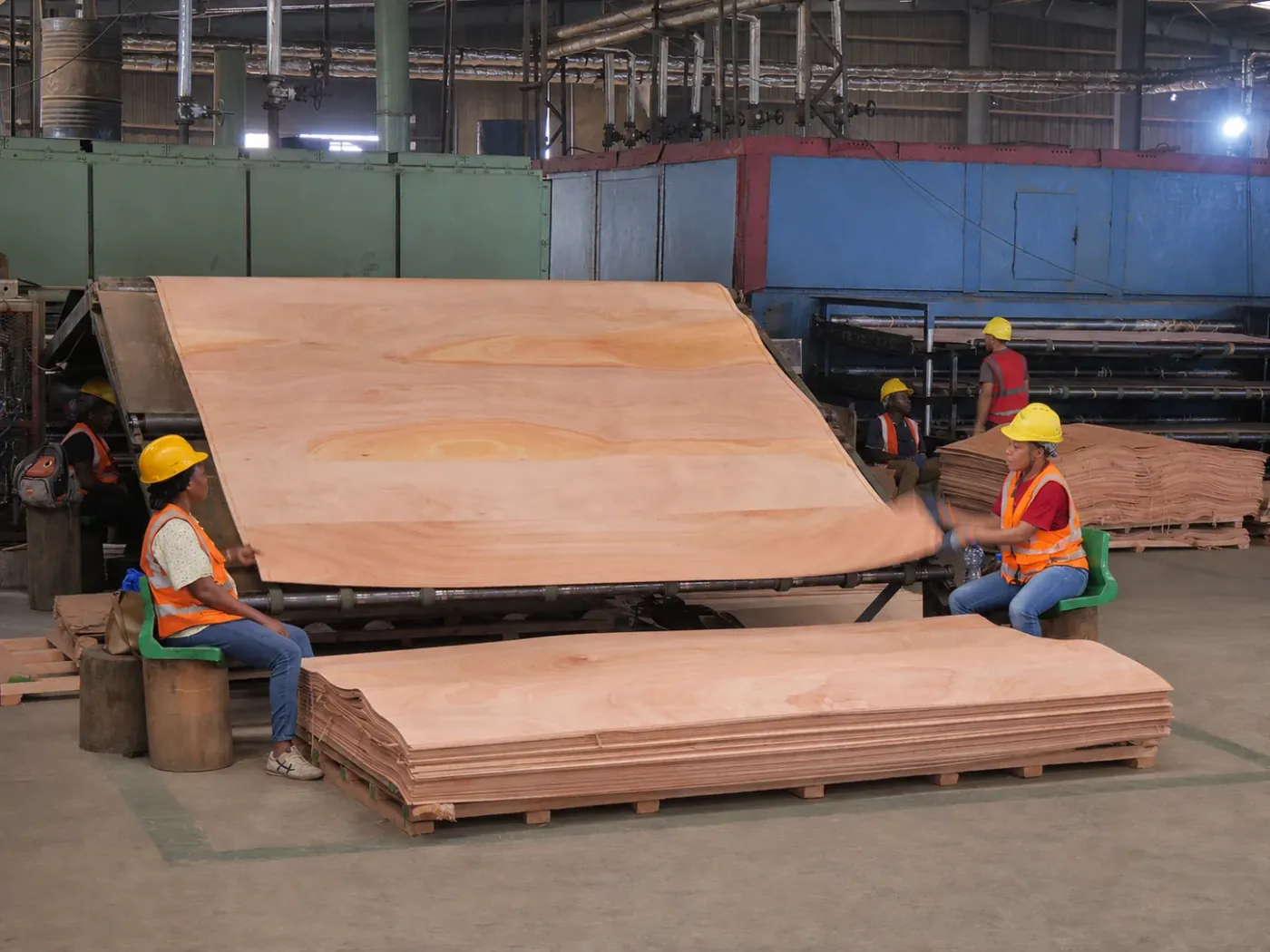 Dried Okoume veneer coming off the drying line and being stacked