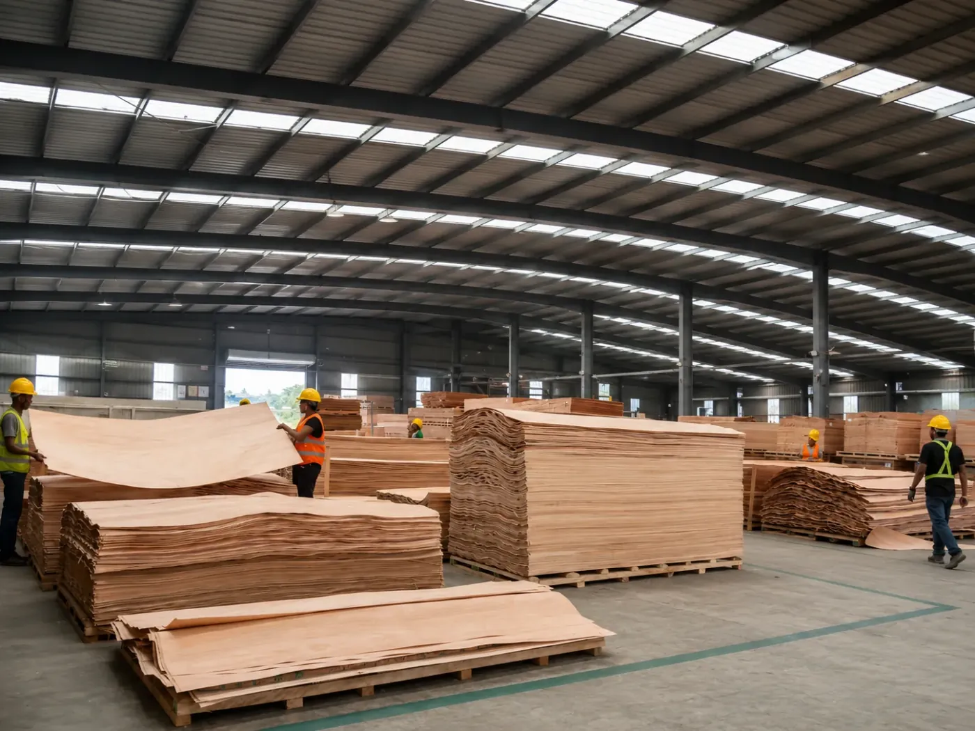 Workers sorting dried Okoume veneer into grade stacks