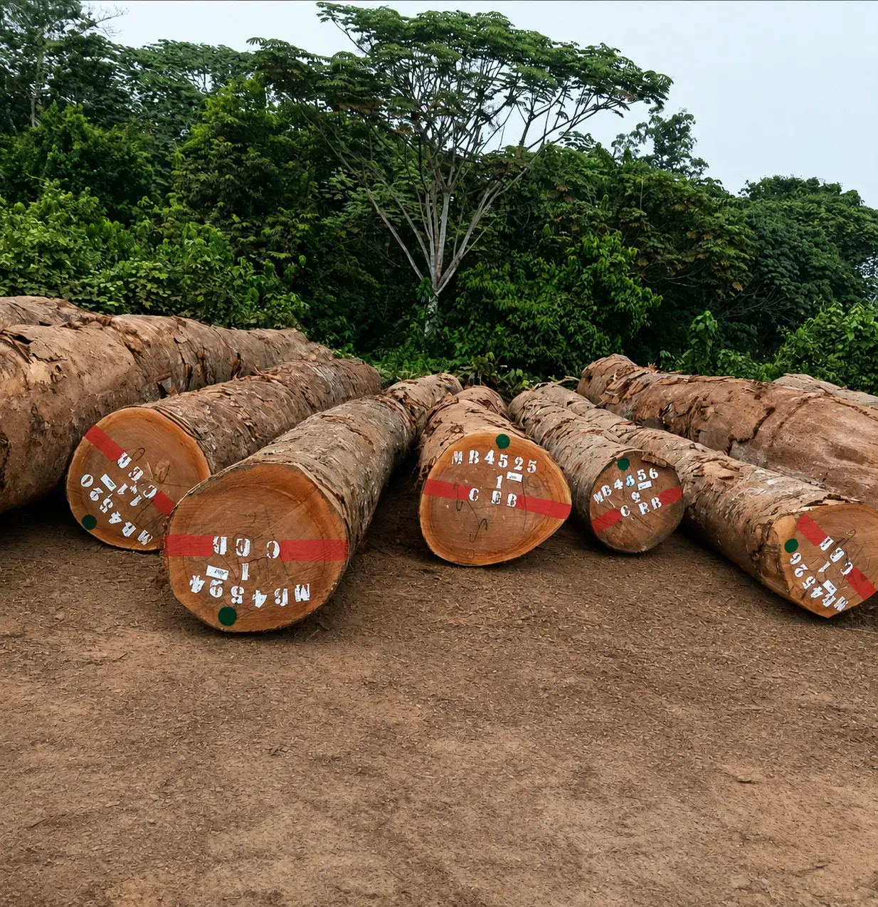 Numbered and marked Okoume logs graded in the yard