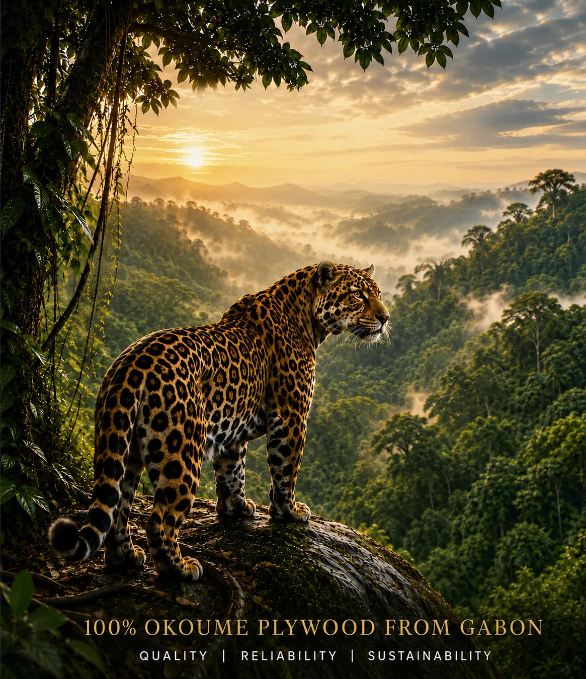 A jaguar above the Gabonese rainforest at sunrise